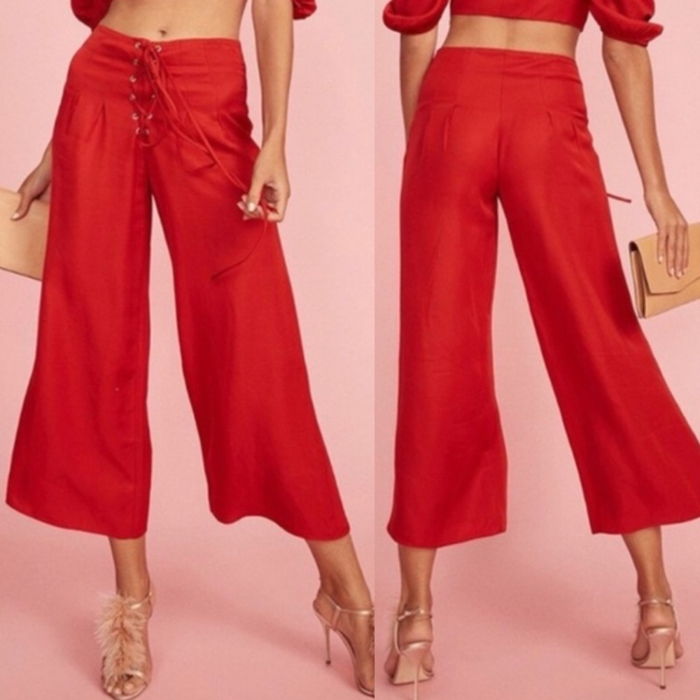 Revolve LPA Red Wide Leg Crop Tie Front‎ Pants Size Medium Bohemian Linen Tencel